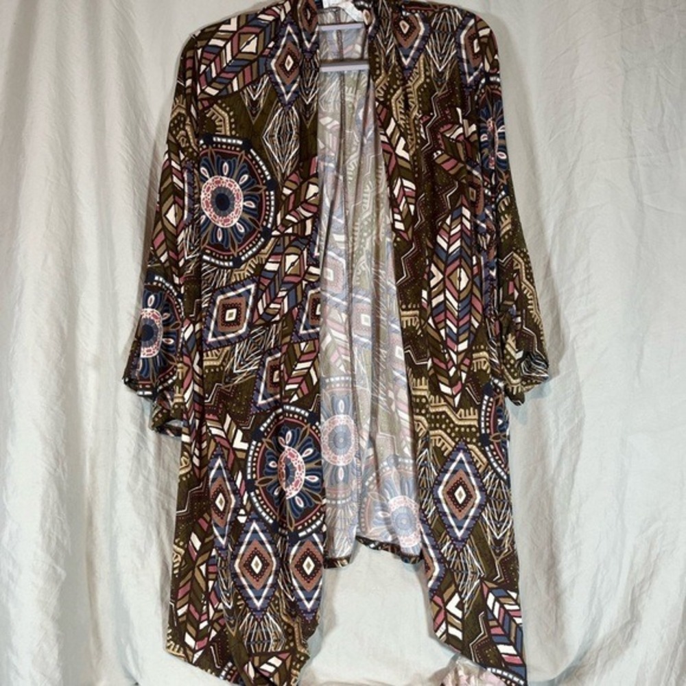 The ZigZag Stripe Women XL Brown Geometric Mandala Open Front Kimono Cardigan